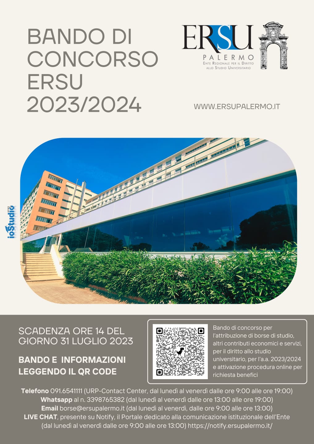 ERSU|Bando di concorso per l'attribuzione di borse di studio, altri contributi economici e servizi per l'A.A 2023/24.