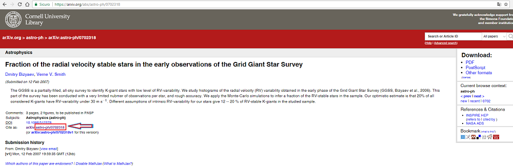 Schermata recupero codice ArXiv