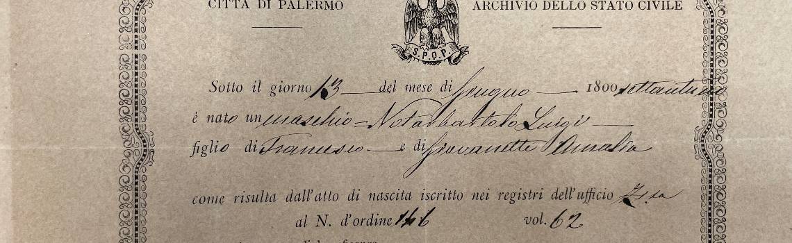 Archivio storico del Collegio San Rocco, Palermo, 13 luglio 1872, Atto di nascita di Luigi Notarbartolo, FA, V, 5, 2.