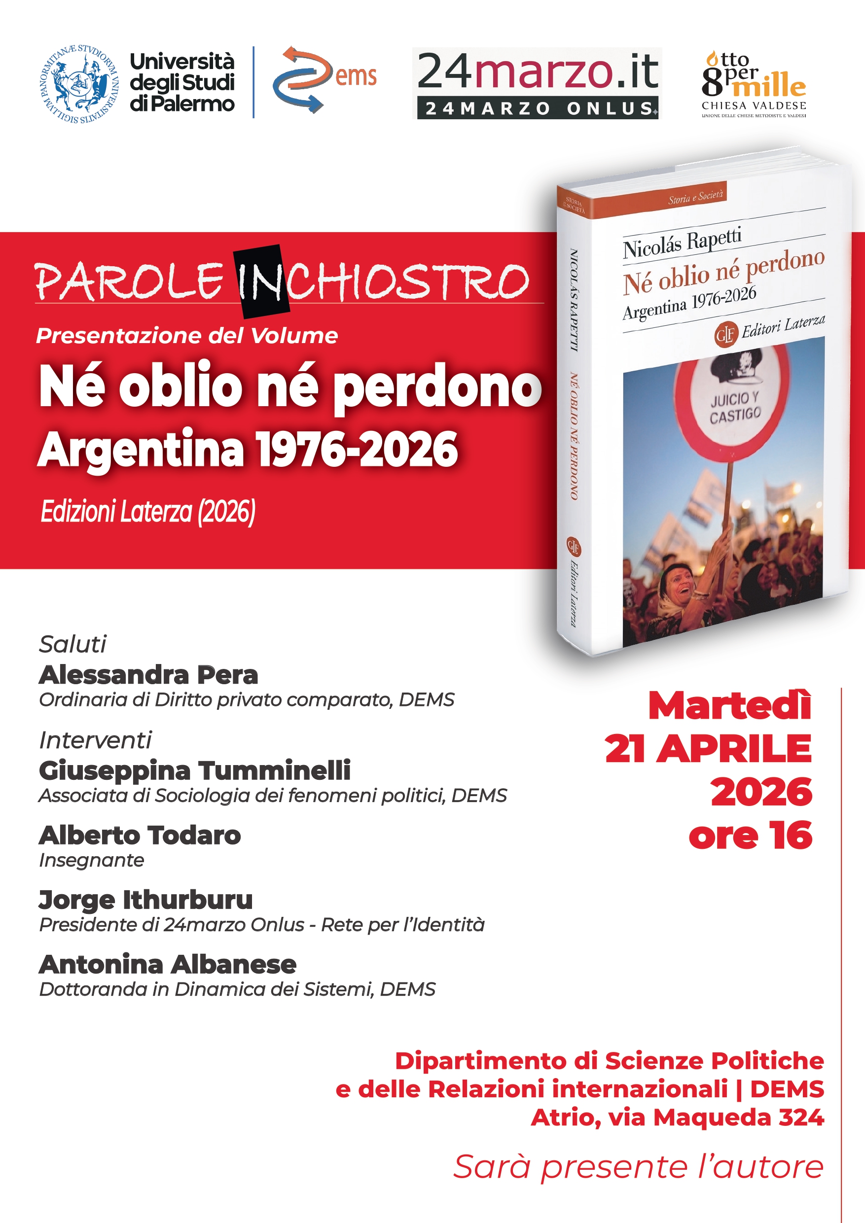 Locandina presentazione del volume N&eacute; oblio n&eacute; perdono. Argentina 1976-2026