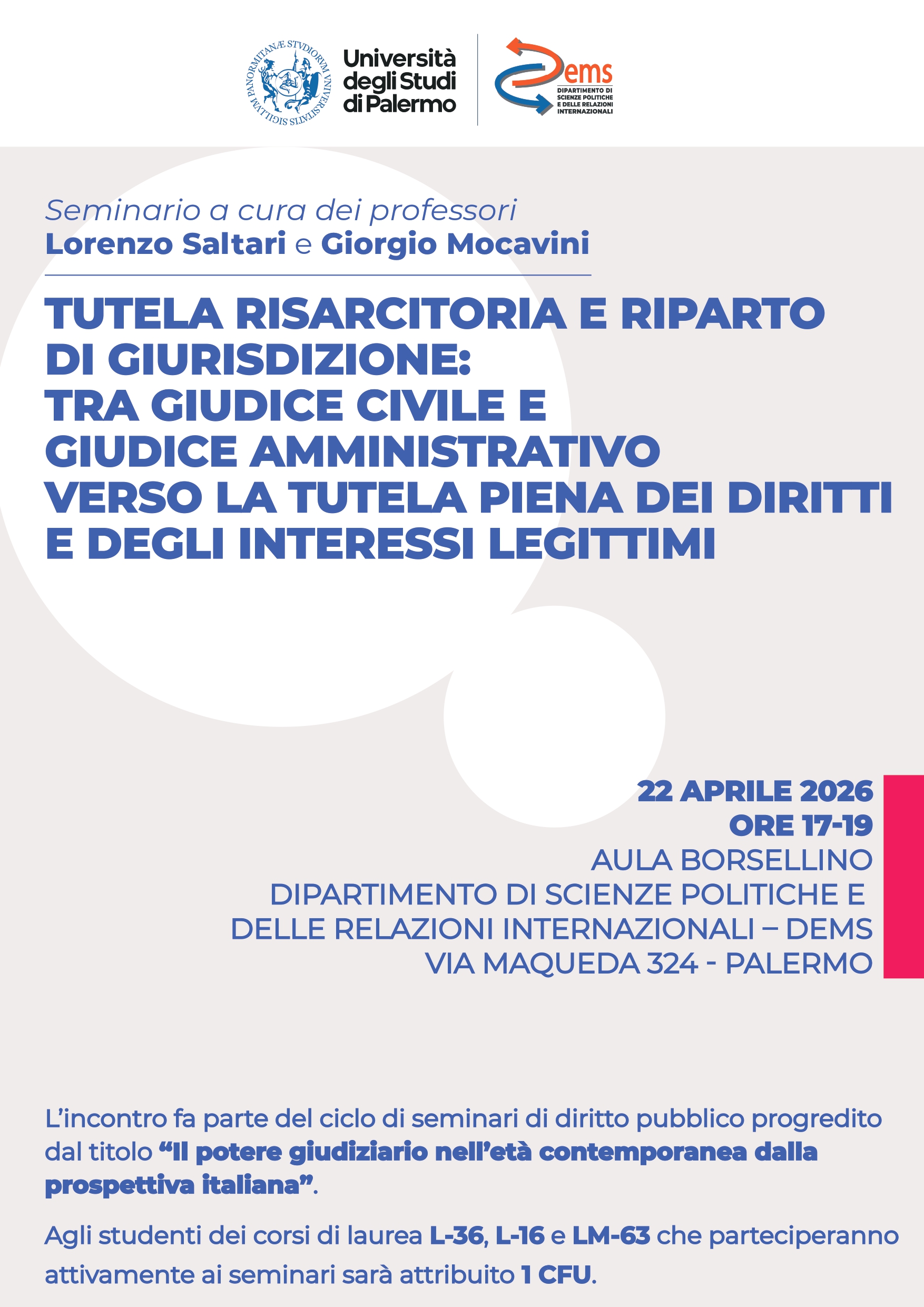 Locandina del seminario Tutela risarcitoria e riparto di giurisdizione