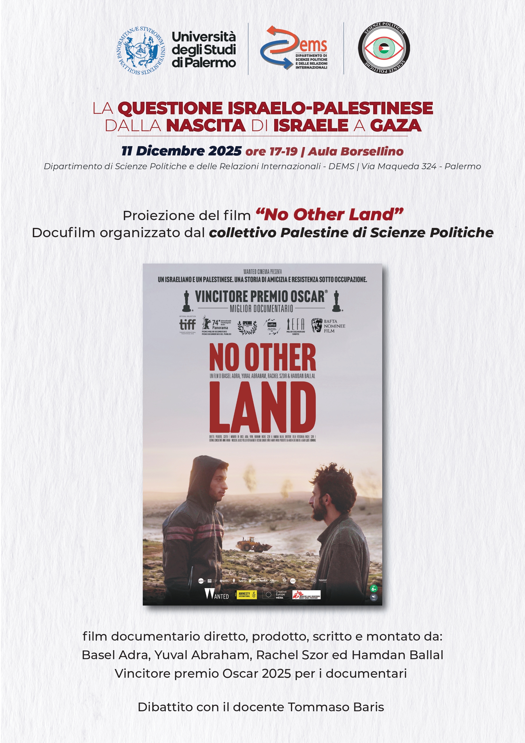 Locandina: Proiezione del film No Other Land e dibattito sulla questione israelo-palestinese