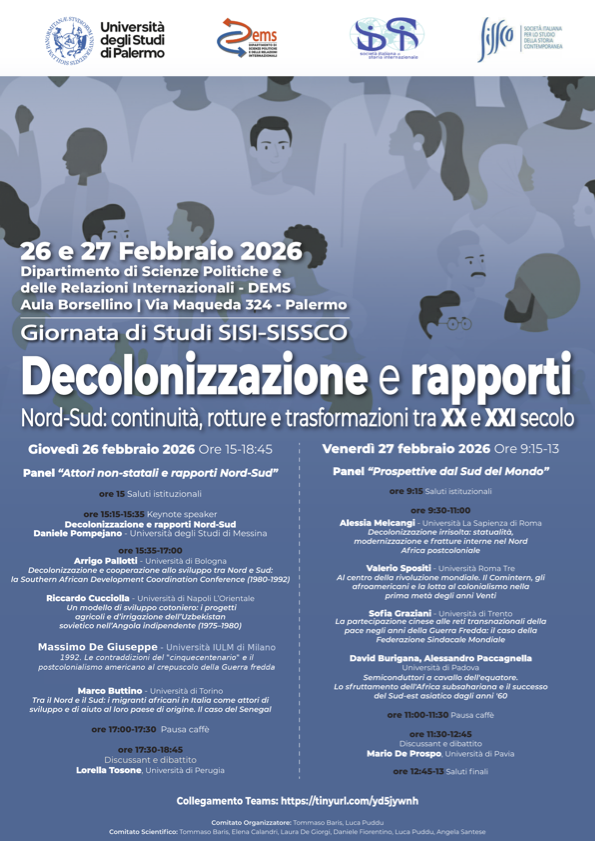 Locandina Giornata di Studi SISI-SISSCO - Decolonizzazione e rapporti Nord-Sud (26-27 febbraio 2026)
