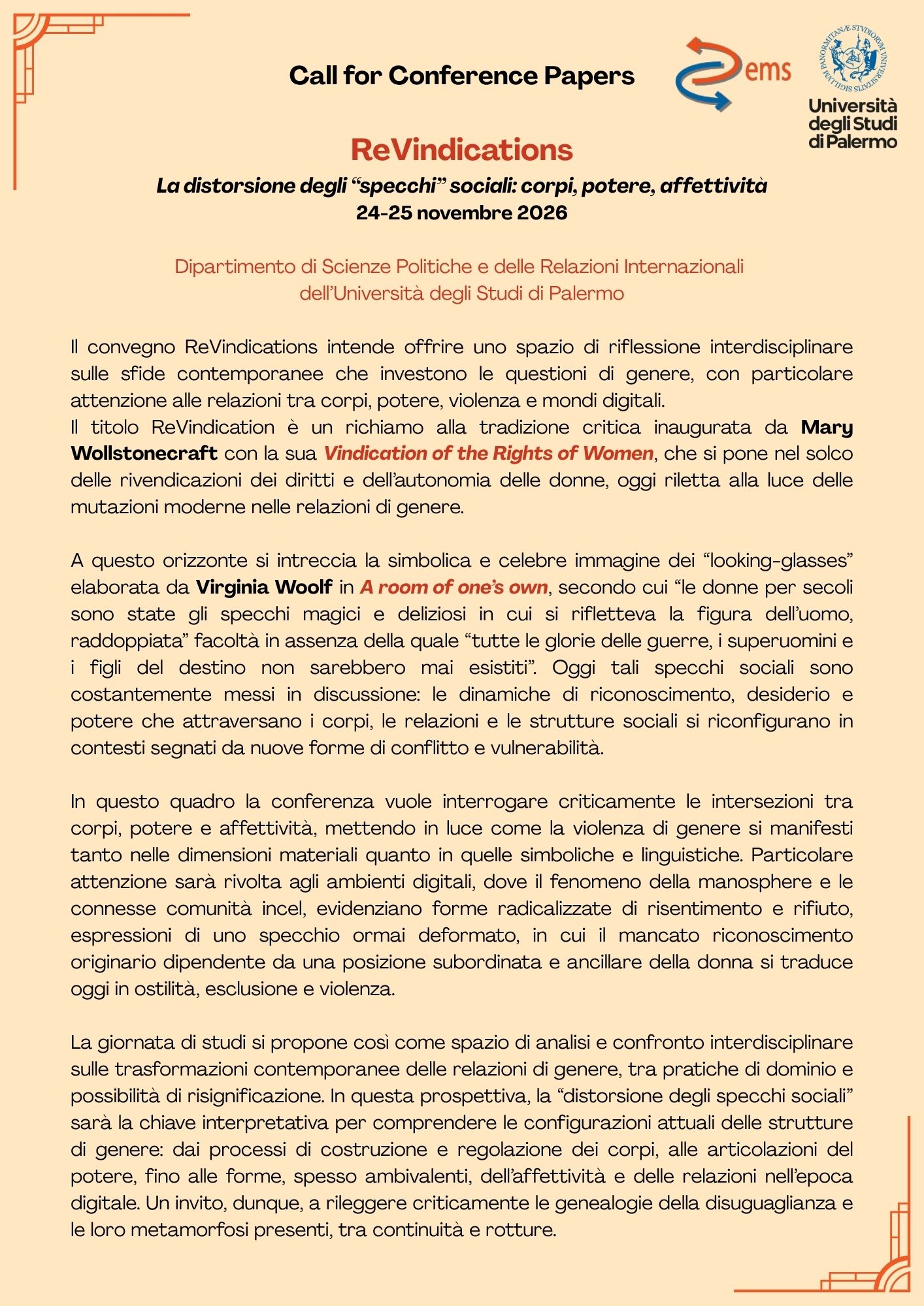 Locandina Call for Conference Papers ReVindications