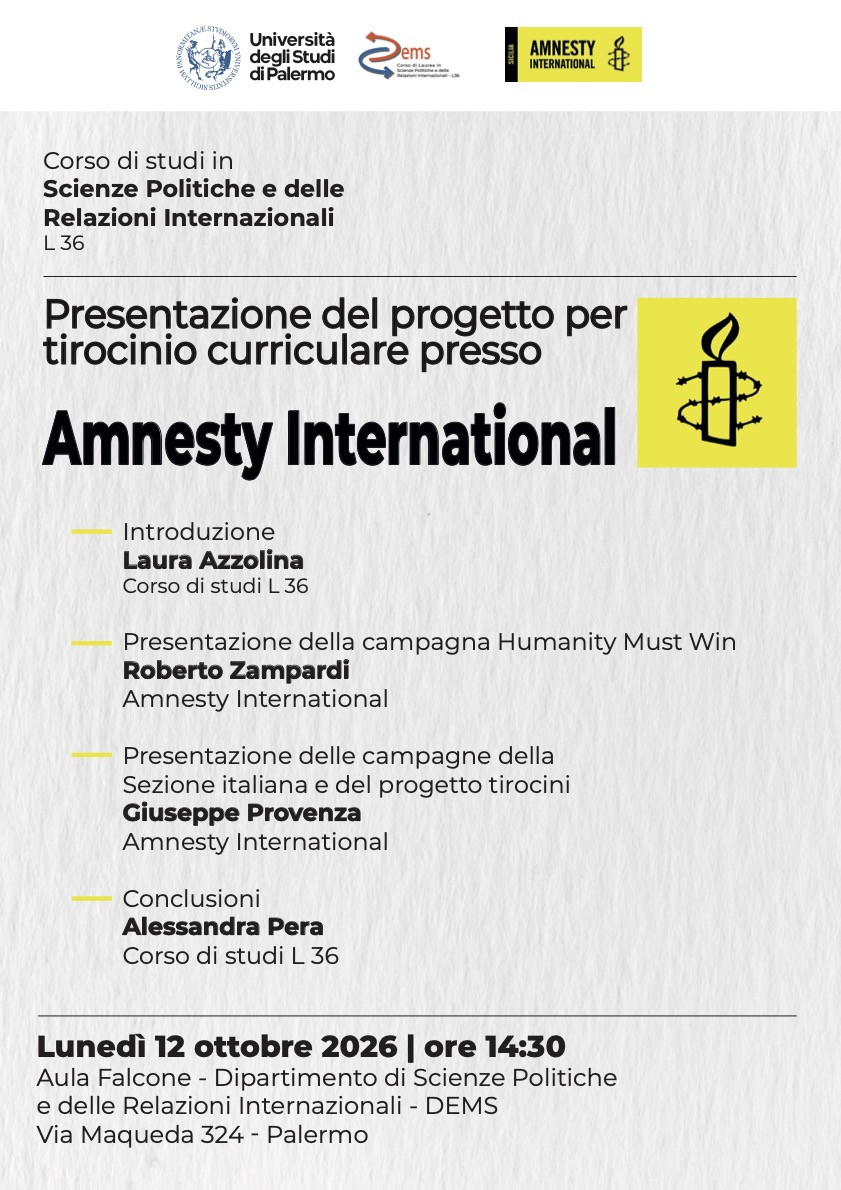 Locandina presentazione progetto tirocinio curriculare presso Amnesty International