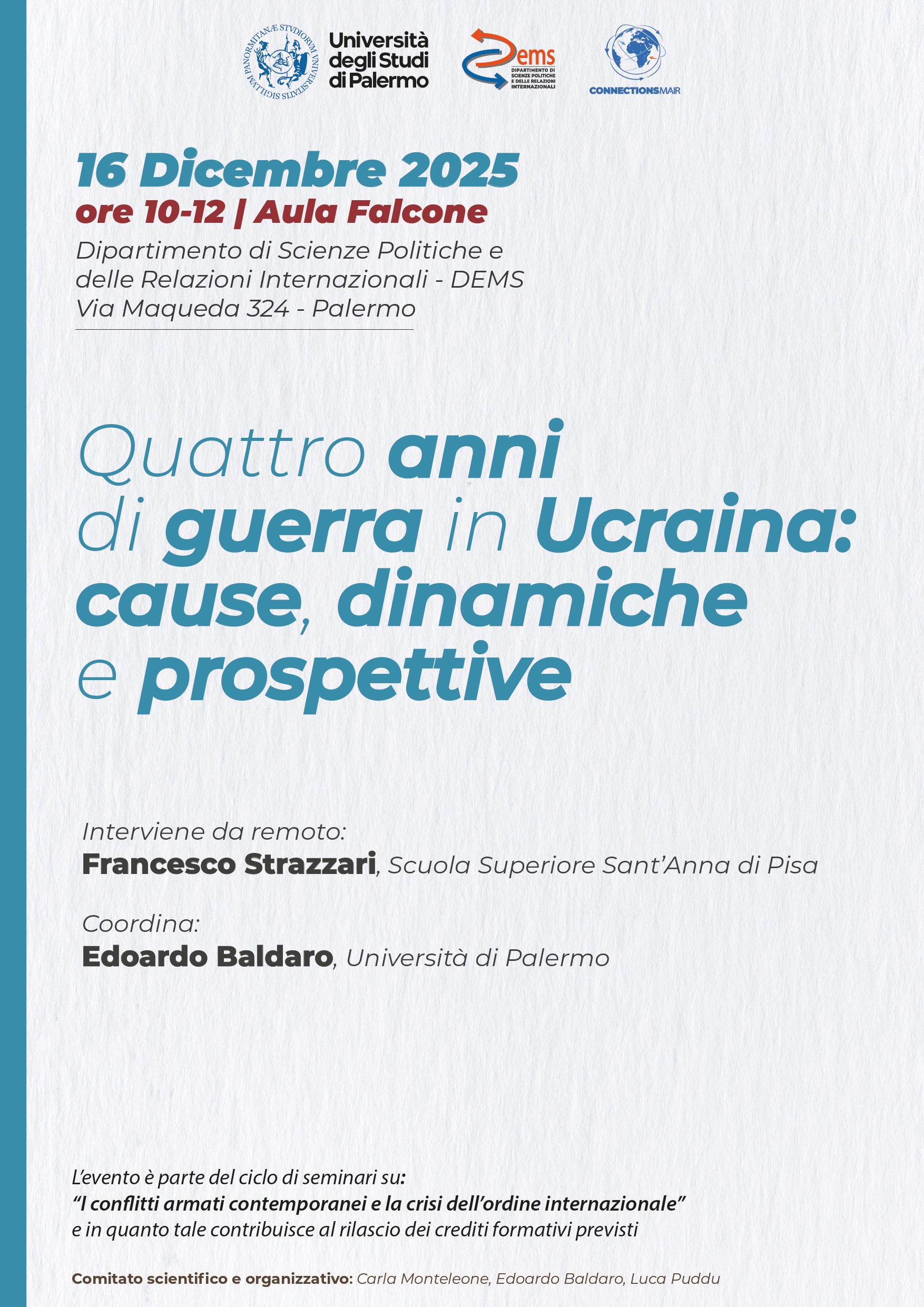 Locandina seminario Quattro anni di guerra in Ucraina: cause, dinamiche e prospettive
