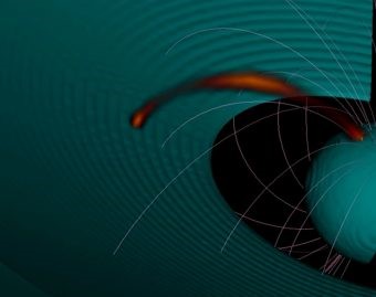    Una immagine elaborata al calcolatore che riproduce il passaggio di un fiotto di plasma all’interno di un tubo magnetico che collega una stella al suo disco protoplanetario. Crediti: Reale et al.