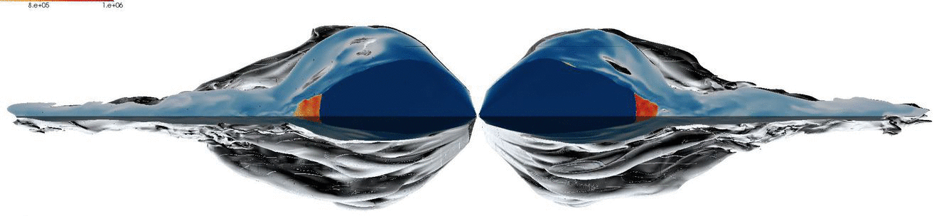 Simulazione 3D dell'interazione tra il vento e un campo magnetico a larga scala.  Il rendering di volume mostra velocita' di flusso in scala di blu in km/s e temperature in scala di rosso in K. Il vento e' espulso a 200 km/s con un tasso di espulsione di massa di 5e-8 masse solari per anno ed angolo di apertura di 120 gradi. Il campo magnetico ha una topologia divergente (a clessidra) con un'intensita' caratteristica di 40 mG.