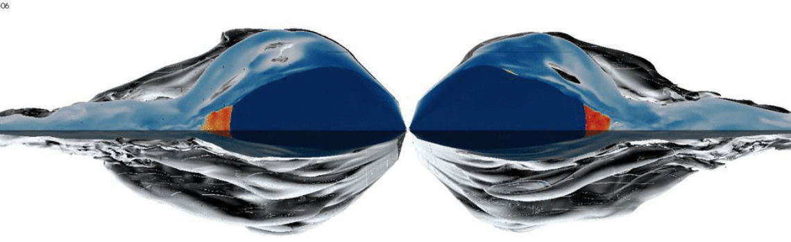 Simulazione 3D dell'interazione tra il vento e un campo magnetico a larga scala.  Il rendering di volume mostra velocita' di flusso in scala di blu in km/s e temperature in scala di rosso in K. Il vento e' espulso a 200 km/s con un tasso di espulsione di massa di 5e-8 masse solari per anno ed angolo di apertura di 120 gradi. Il campo magnetico ha una topologia divergente (a clessidra) con un'intensita' caratteristica di 40 mG.