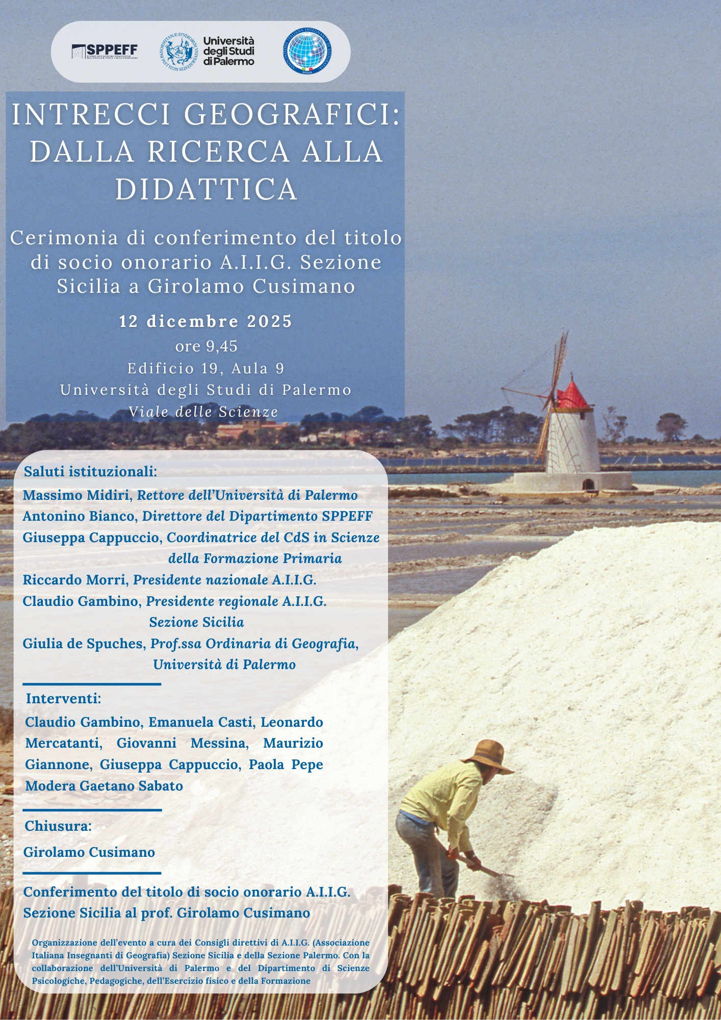 Evento "Intrecci geografidi: dalla ricerca alla didattica - Cerimonia di conferimento del titolo di socio onorario A.I.I.G. Sezione Sicilia a Girolamo Cusimano"