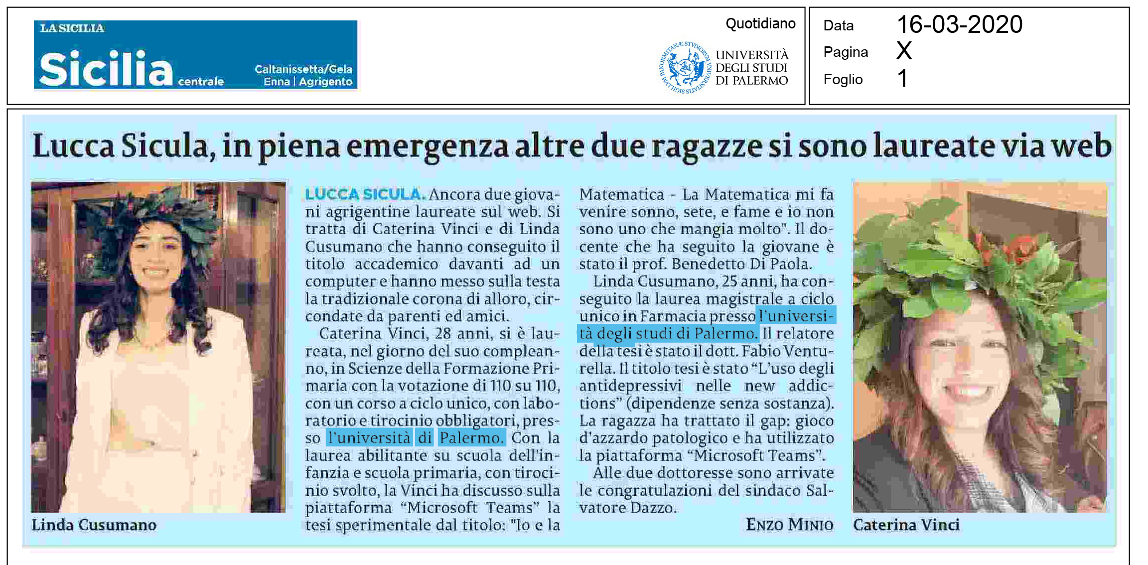 LUCCA SICULA / In piena emergenza altre due ragazze si sono laureate via web