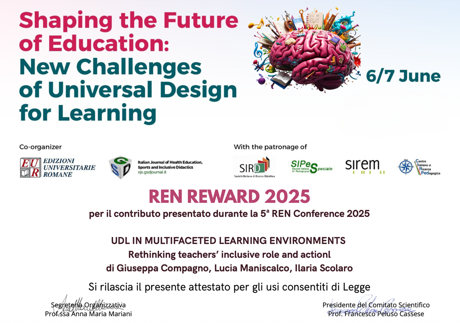 Il Neuroeducation Research Working Group premiato alla REN Conference 2025 di Roma